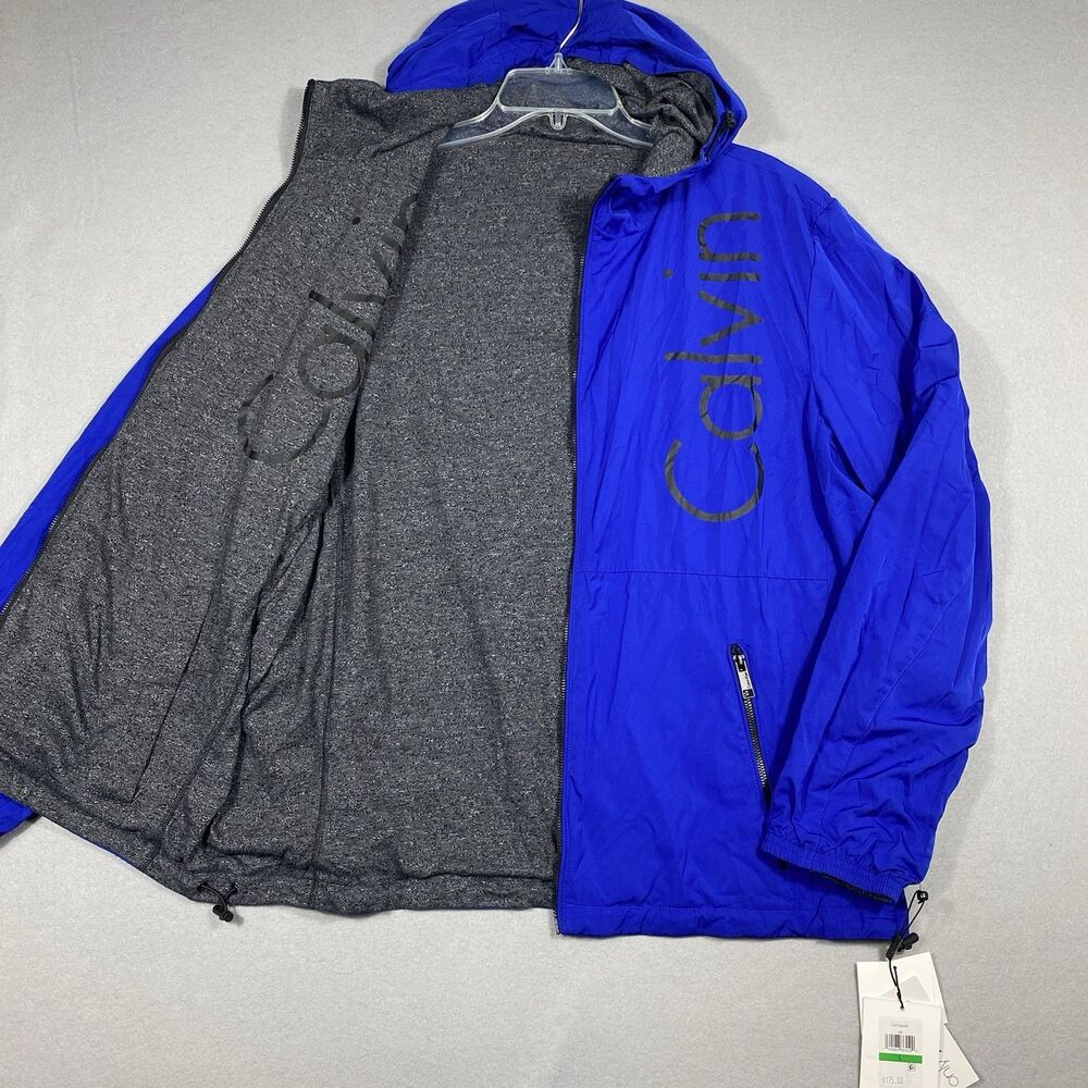 Calvin Klein Logo Reversible Hooded Windbreaker Jacket L Men Blue/Gray NWT $175